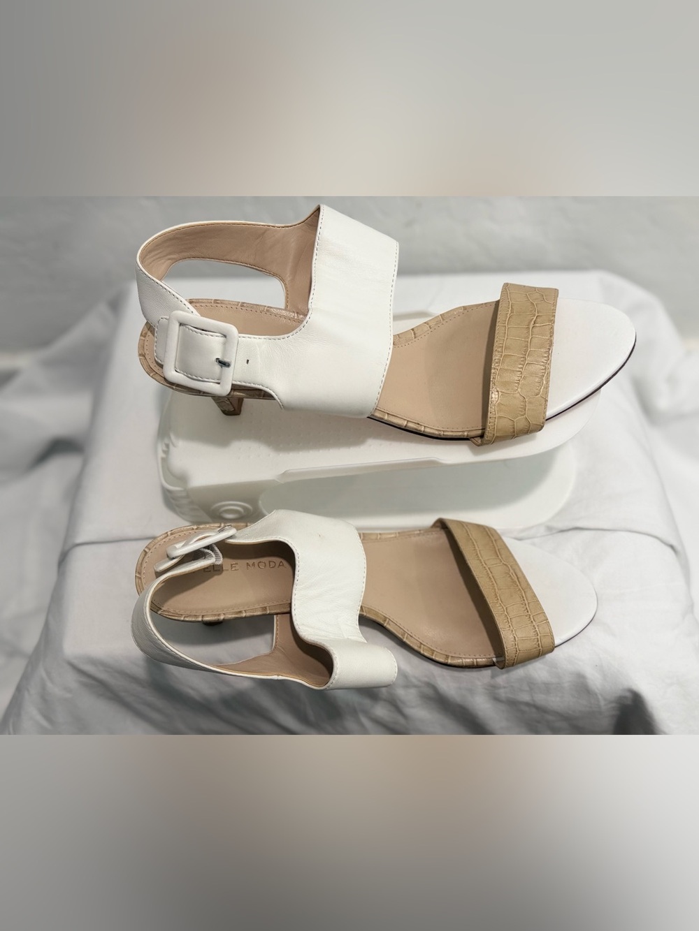 Pelle Moda White and Tan Croc-Textured Leather Sandals